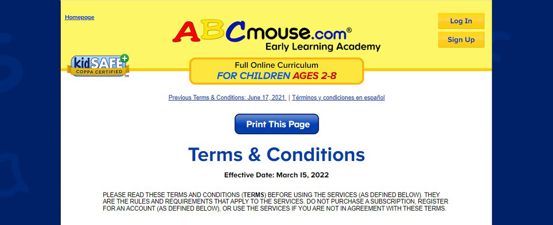 ABC Mouse Terms and Conditions Page Thumbnail