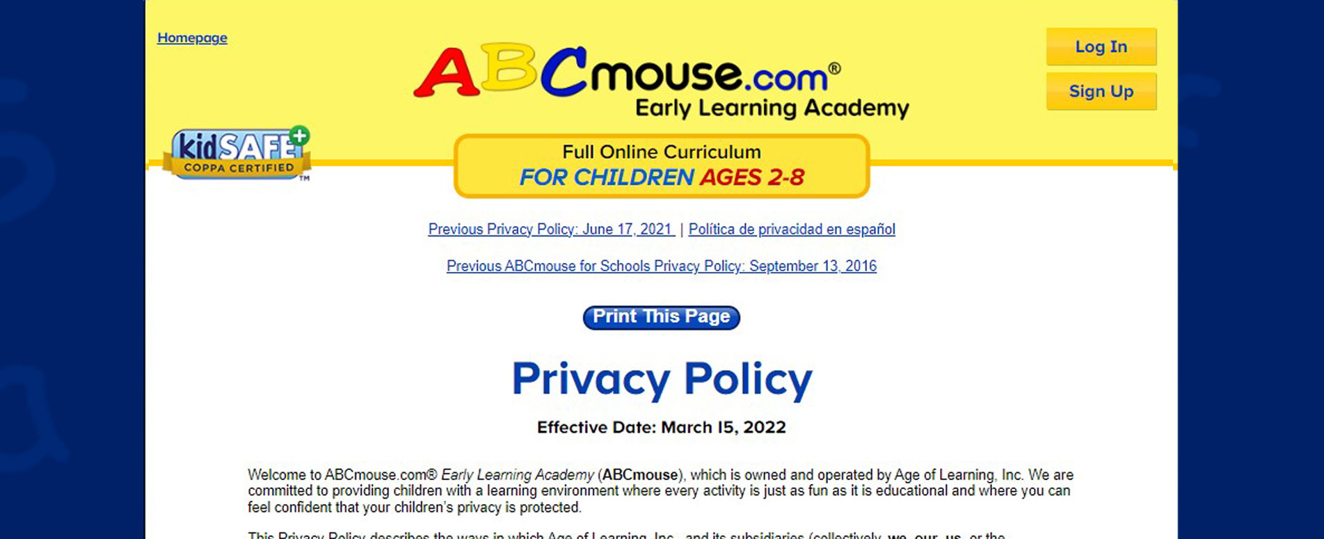 ABC Mouse Privacy Policy Page Thumbnail